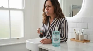 Woman using alcohol-free moisturising mouthwash for dry mouth during her morning bathroom routine.