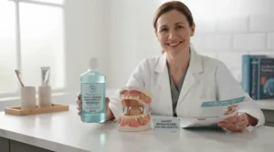 Dental professional recommending a specialized moisturising mouthwash for dry mouth care.