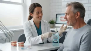 A UK dentist explaining the advantages of using an alcohol-free mouthwash for long-lasting fresh breath.