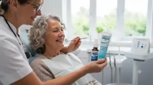 Dentist in a UK clinic explaining dry mouth spray versus gel options to a patient seeking symptom relief.