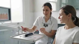 NHS dentist advising a patient in a UK clinic on choosing between manual and powered gum care accessories.