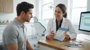 A friendly UK dentist explaining oral care routines and recommending targeted throat sprays to a patient.