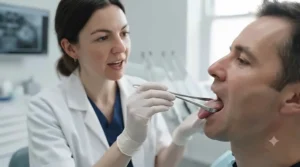 A British dentist demonstrating how to clean the tongue properly to patients concerned about chronic halitosis.