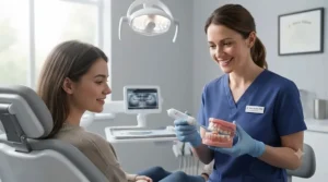 UK dental professional demonstrating how to use a Waterpik gum stimulator on a dental model.
