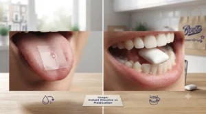 Demonstration showing a breath strip being placed on the tongue compared to chewing a mint gum pellet.