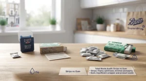 Reusable pocket dispenser for breath strips compared against single-use plastic and paper chewing gum packaging.