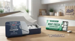 Close-up of thin dissolving mint breath strips next to traditional chewing gum pellets in open packaging.