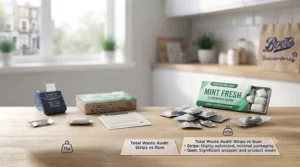 Comprehensive annual waste audit comparison between lightweight breath strip packaging and heavy chewing gum litter.