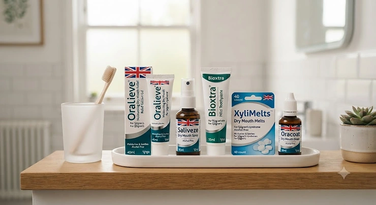 Flat lay of recommended dry mouth products for Sjögren's syndrome, including saliva substitutes, toothpastes, and oral gels on a neutral background. dry mouth products for Sjogren's