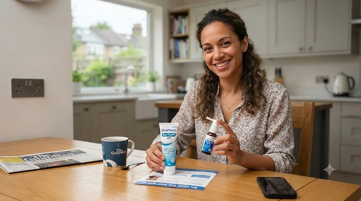Side-by-side comparison of a dry mouth spray and gel on a clean surface, highlighting choices for relief from dry mouth symptoms in the UK. dry mouth spray vs gel