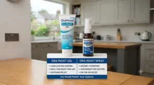 Infographic outlining the key differences between moisturising dry mouth sprays and long-lasting oral gels.