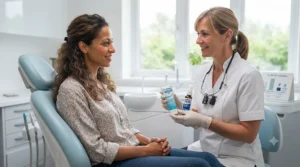 Senior smiling comfortably, showing how dry mouth sprays and gels help denture wearers maintain oral moisture.