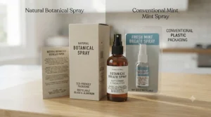 Recyclable glass and aluminum packaging of a UK-made natural breath spray resting on sustainable bamboo.