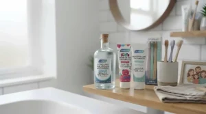 A selection of mild, family-safe oral care products including an alcohol-free halitosis mouthwash for daily use.
