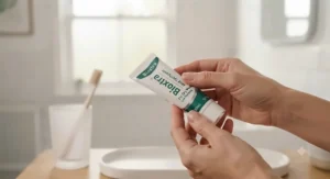 A tube of SLS-free, fluoride toothpaste designed specifically for sensitive mouths and dry conditions.