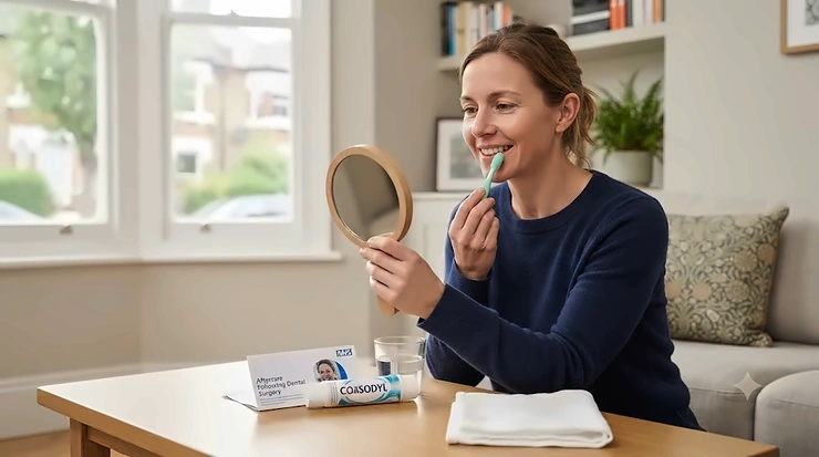 Practitioner demonstrating a silicone gum massage tool for post-dental-surgery care on a dental model in a UK clinic. gum massage tool for post-dental-surgery care
