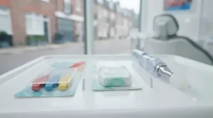 A dental hygiene tray showing a gum stimulator alongside interdental brushes and dental floss for comprehensive plaque control.
