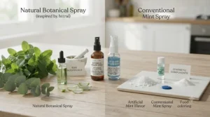 Fresh peppermint leaves, eucalyptus sprigs, and botanical oils used in premium natural breath sprays.