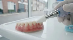 Step-by-step demonstration of angling a rubber-tip gum stimulator at a 45-degree angle along the gumline.