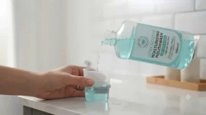 Pouring dry mouth moisturising mouthwash into a dosage cap as part of a daily oral hygiene routine.