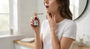 Step-by-step diagram demonstrating how to correctly apply throat spray to the back of the mouth for fresh breath.