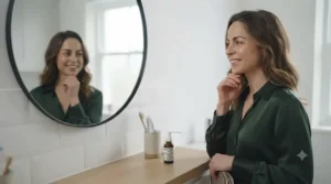 A smiling person feeling confident after using a breath-freshening throat spray before heading out.