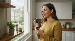 A natural breath spray bottle next to a traditional mint breath spray on a clean, modern bathroom shelf, illustrating natural breath spray vs mint breath spray options available in the UK.