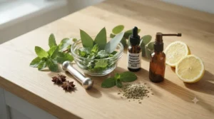 Flat lay of natural botanical ingredients like peppermint and eucalyptus used in premium breath-freshening sprays.