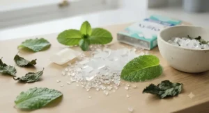 Natural peppermint leaves and pure white xylitol crystals arranged neatly on a wooden surface, representing fresh breath ingredients.