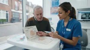 A patient discussing periodontal disease management and gum stimulator technique with an NHS dentist in a bright clinic.