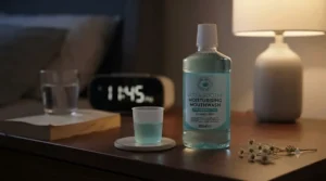 Bedside table setup featuring a soothing moisturising mouthwash for dry mouth relief overnight.