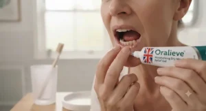 Long-lasting dry mouth gel and sugar-free pastilles on a wooden surface for overnight hydration.