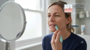 Adult patient gently applying a gum massage tool for post-dental-surgery care in front of a bathroom mirror.