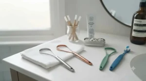 Eco-friendly metal tongue scrapers compared to disposable plastic alternatives in a bathroom setting.