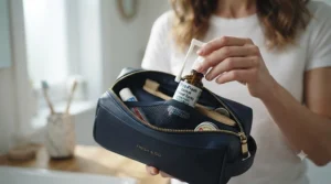 A compact pocket-sized throat spray for bad breath being packed into a travel washbag for on-the-go freshness.
