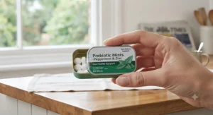 A pocket-sized pack of probiotic mints held in hand, demonstrating everyday on-the-go portability.