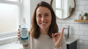 A person smiling confidently in the morning after using a gentle, alcohol-free breath rinse the night before.