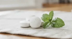 Close-up view of active ingredients and live cultures in popular British probiotic mint formulations.