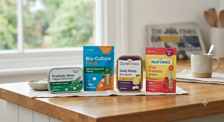 A selection of probiotic mint packages laid out on a clean surface, featured in an independent probiotic mints review for UK consumers. probiotic mints review