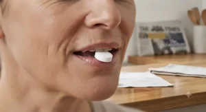 A person trying a fresh peppermint-flavoured probiotic mint, highlighting taste and mouthfeel.