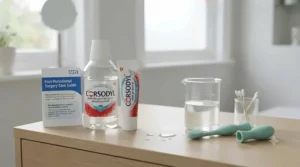 Selection of antiseptic chlorhexidine mouthwashes and gels used alongside a gum massage tool for post-dental-surgery care.