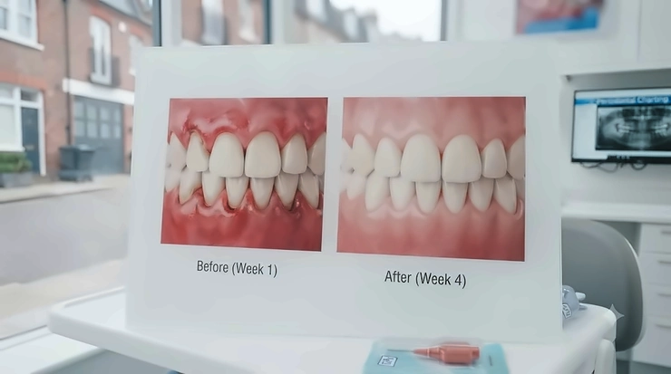 Clinical comparison graphic showing reduced gum redness and pocket depth after four weeks of consistent gum stimulator use.