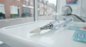 An ergonomic rubber-tip gum stimulator tool displayed on a clean clinical surface, ready for daily oral hygiene routines.