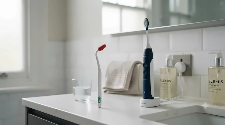Comparison of a manual rubber gum stimulator and an electric gum stimulator on a white background for British dental hygiene routines. rubber tip vs electric gum stimulator