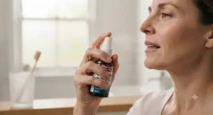 Close-up of a person using a soothing oral moisturising spray to relieve dry mouth symptoms caused by Sjögren's.