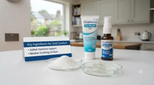 Breakdown of common soothing ingredients found in UK dry mouth sprays and gels, such as xylitol and betaine.
