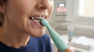 Diagram illustrating gentle circular motions for a gum massage tool for post-dental-surgery care.