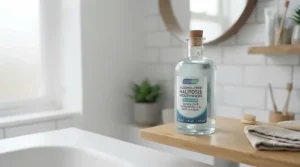 Eco-friendly recyclable glass bottle of alcohol-free mouthwash sitting on a bamboo shelf in a British bathroom.