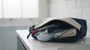 Compact rubber tip gum stimulator and portable rechargeable electric device packed in a wash bag.