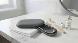 A portable stainless steel tongue scraper inside a hygienic travel case, ready for use on the go.